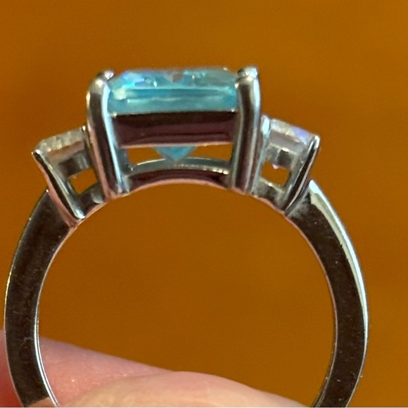 Emerald cut and round blue and clear cz ring, size 5 - Picture 3 of 4